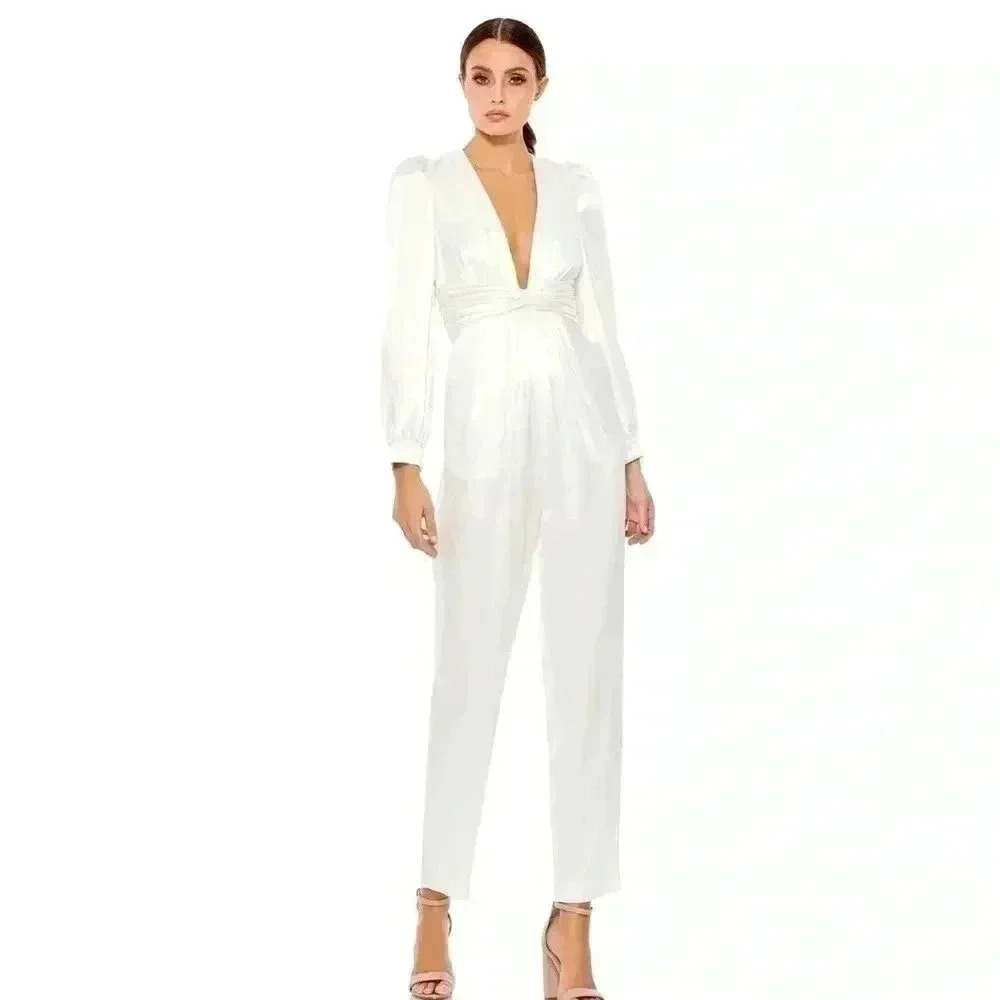 FRONT TWIST PUFF SLEEVE DEEP‎ V JUMPSUIT